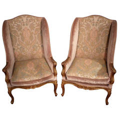 Pair of 19th Century French Carved Giltwood Upholstered Wingback Armchairs