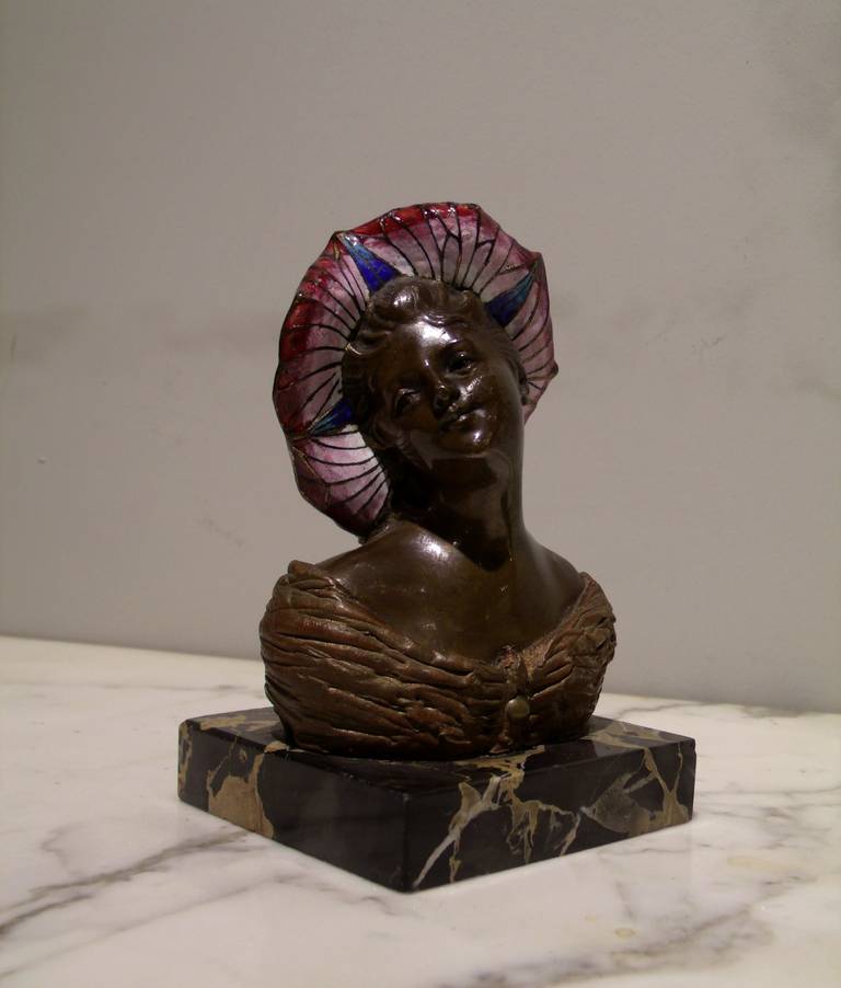 French Bronze and Enamel Late 19th Century Art Nouveau Bust