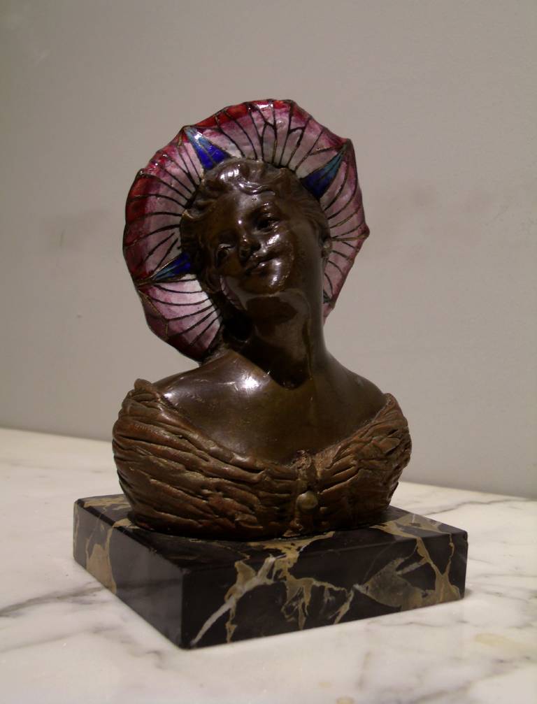 Bronze and Enamel Late 19th Century Art Nouveau Bust In Excellent Condition In London, west Sussex