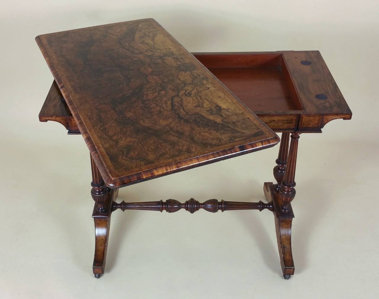 19th C. Figured Walnut Fold Over Card Table by Lamb of Manchester For Sale 1