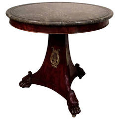 19th Century French Flame Mahogany Gueridon Table with Marble Top