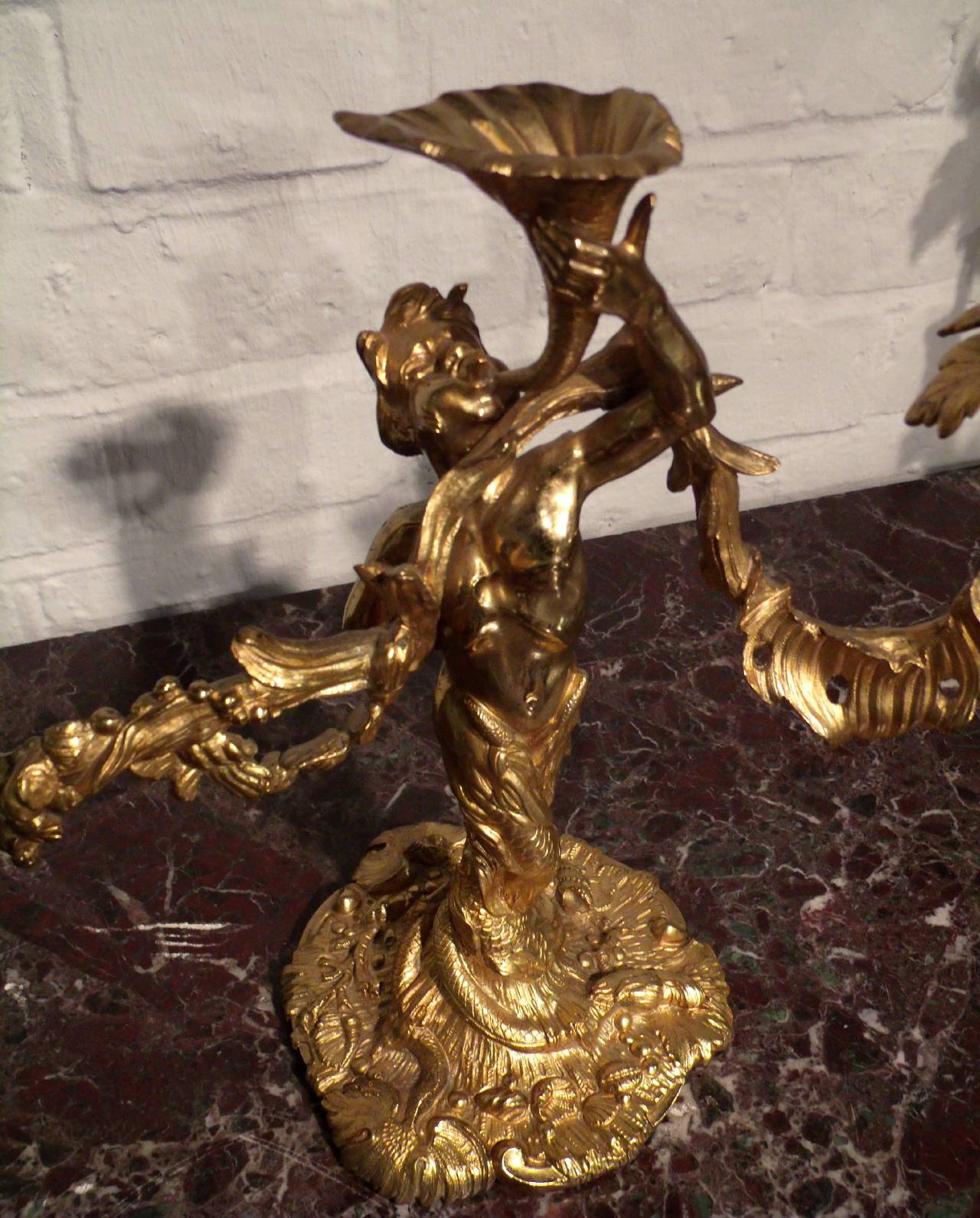 Pair of 19th C. French Ormolu Mermen Table Candelabras In Excellent Condition In London, west Sussex