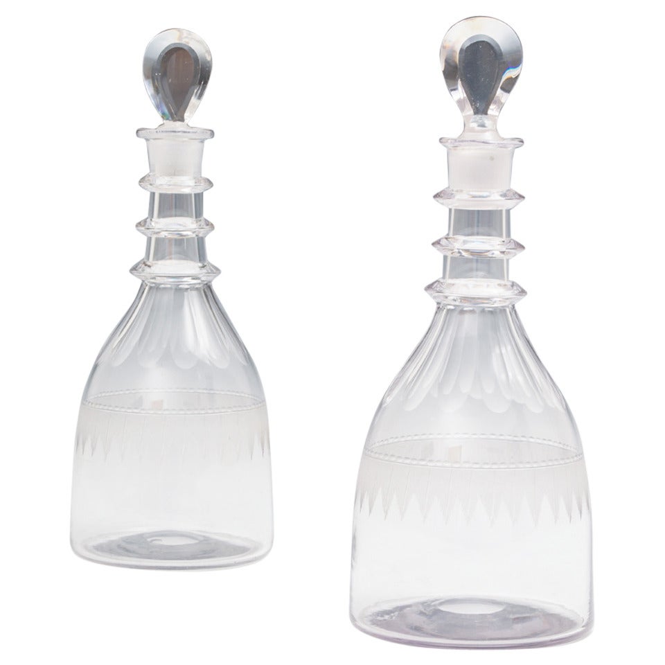 Pair of Georgian Taper Decanters Engraved with a Band of Feathers