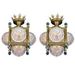 Fine Pair of Gilt Bronzed and Cut Glass Ceiling Lights of Unusual Design