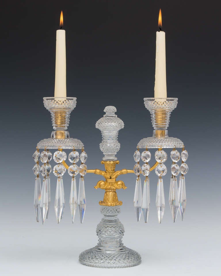 British Fine Quality Pair of Ormolu-Mounted and Cut-Glass Regency Period Candelabra For Sale
