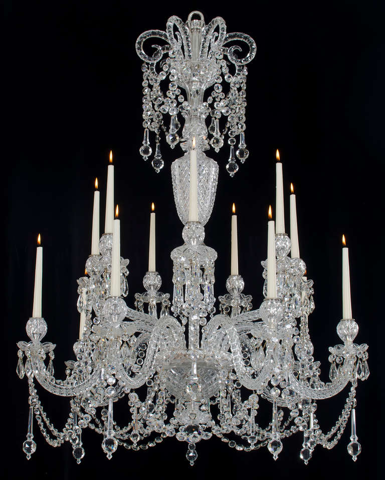 A fine quality Victorian fourteen light cut glass and silvered mounted chandelier the flat diamond cut baluster stem surmounting seven thumb cut Sheppard crooks terminating with trumpet shaped top piece, the receiver bowl is made in two piece