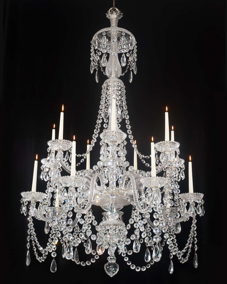Victorian Fine Pair of Fourteen-Light, Cut-Glass Chandeliers by Perry & Co.