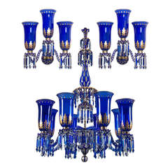Antique Important Blue Glass Chandelier and Pair of Matching Wall Lights by F&C Osler