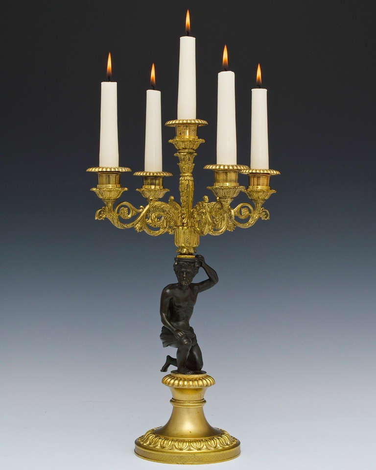 British Fine Pair of Regency Period Bronzed and Lacquered Candelabra