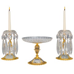 Antique Pair of Ormolu-Mounted, Cut Glass Candlesticks with Matching Comport