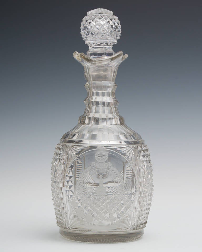 British Exceptional Flute and Diamond Cut Armorial Regency Decanter and Claret Jug