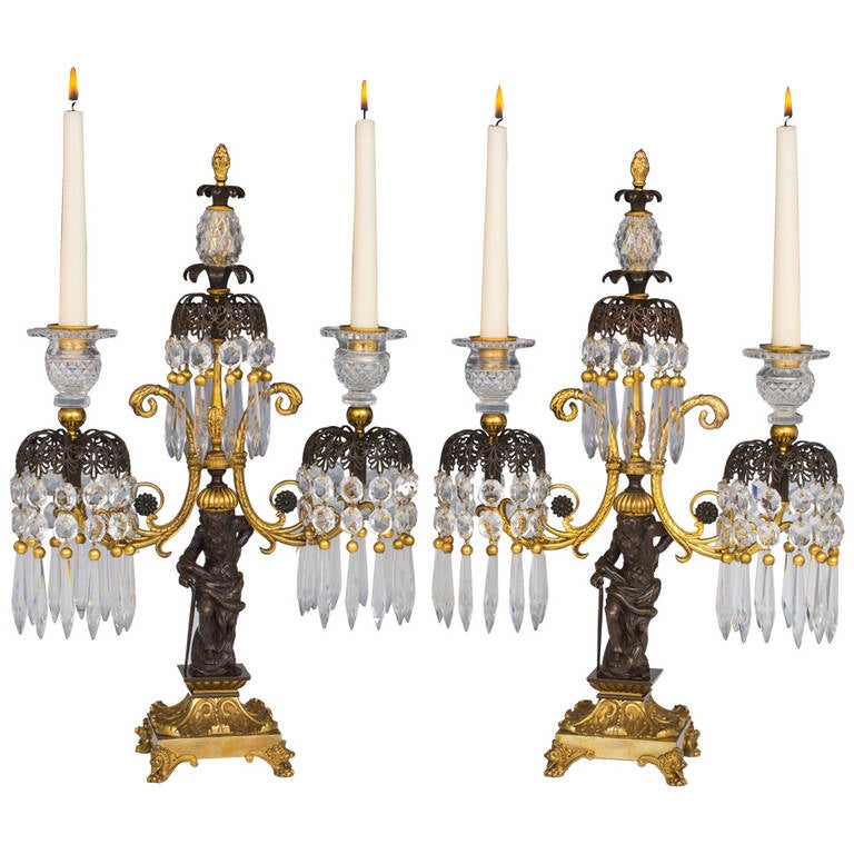 Pair of Regency Period Gilt Lacquered and Bronzed Twin Branch Candelabra