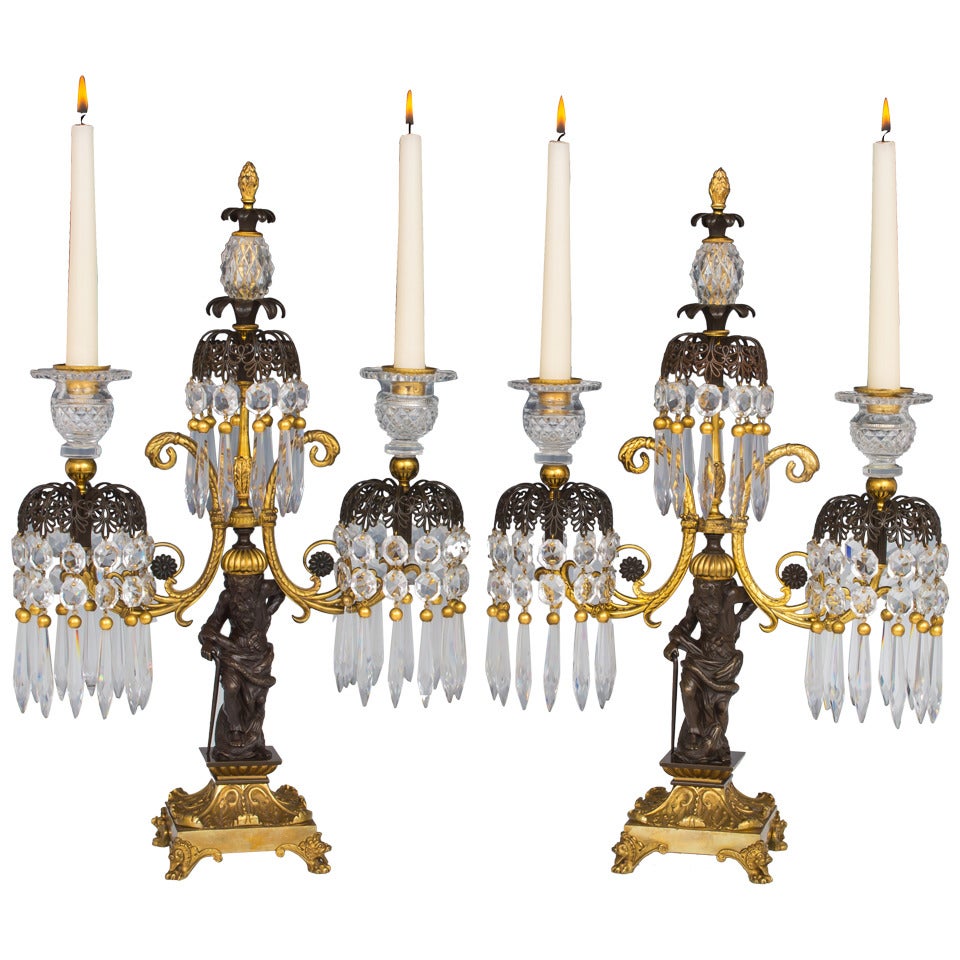 Pair of Regency Period Gilt Lacquered and Bronzed Twin Branch Candelabra For Sale