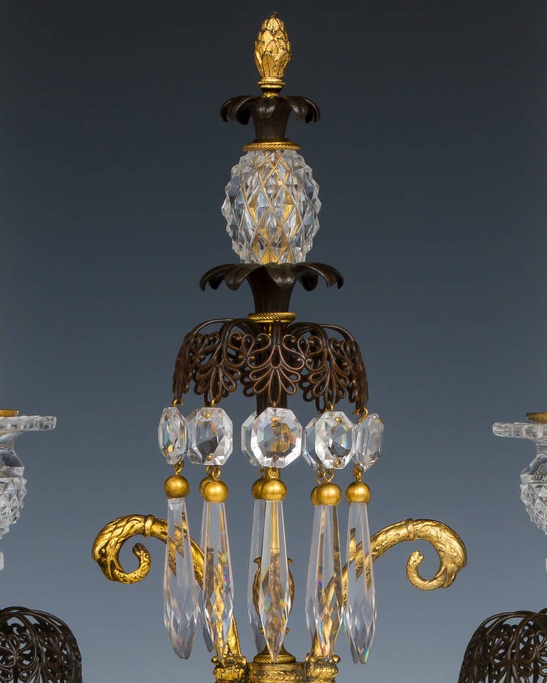 19th Century Pair of Regency Period Gilt Lacquered and Bronzed Twin Branch Candelabra For Sale