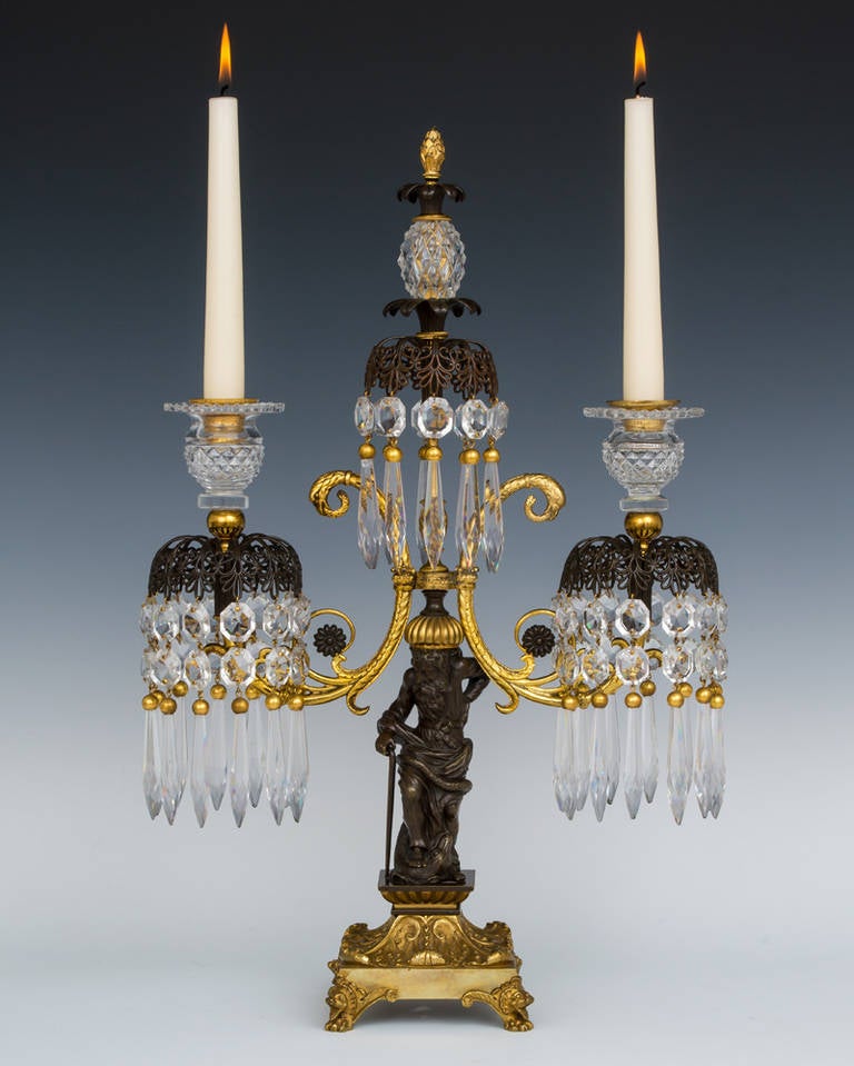 British Pair of Regency Period Gilt Lacquered and Bronzed Twin Branch Candelabra For Sale