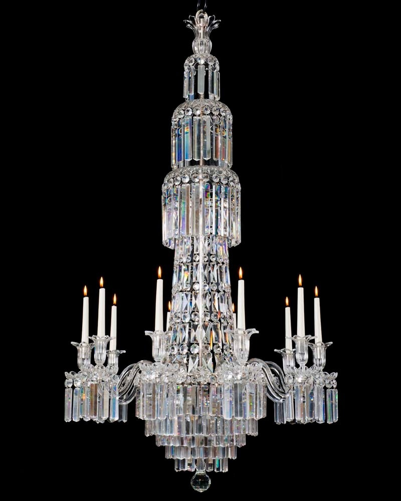 An important ten-light William IV cut-glass and silvered mounted chandelier of Classic tent and waterfall design the stem consisting of a tent of drops above which there is three drop hung canopy’s terminating with thistle shaped top piece. The main
