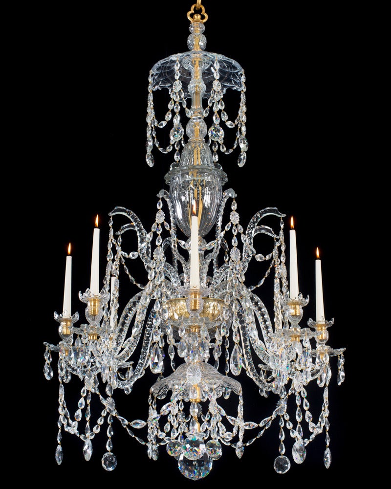 A highly important eight light cut glass ormolu mounted George III chandelier by William Parker the multi-baluster stem centred by a covered urn and supporting a drop hung canopy terminating with a urn shaped top piece .The main receiver plate