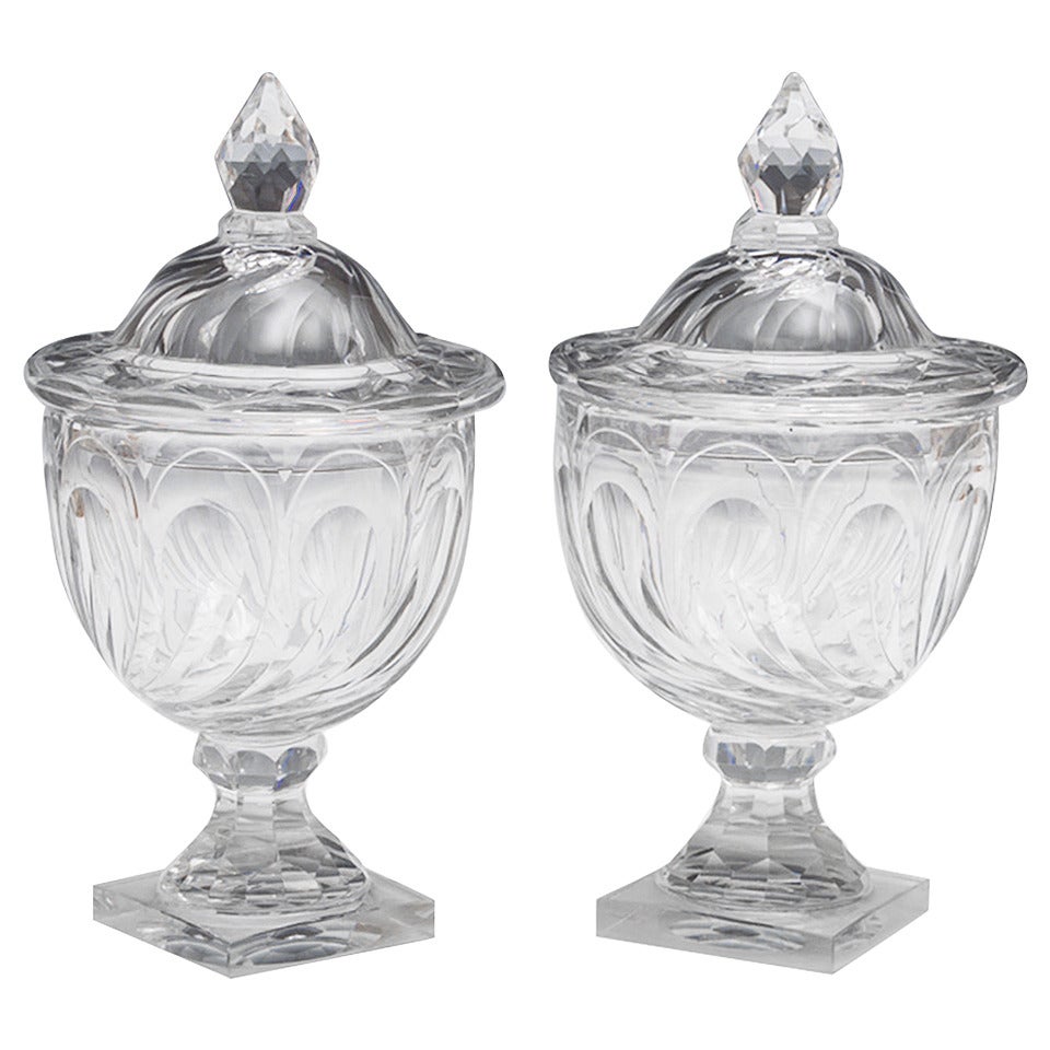Fine Pair of Swirl-Cut Georgian Urn and Covers