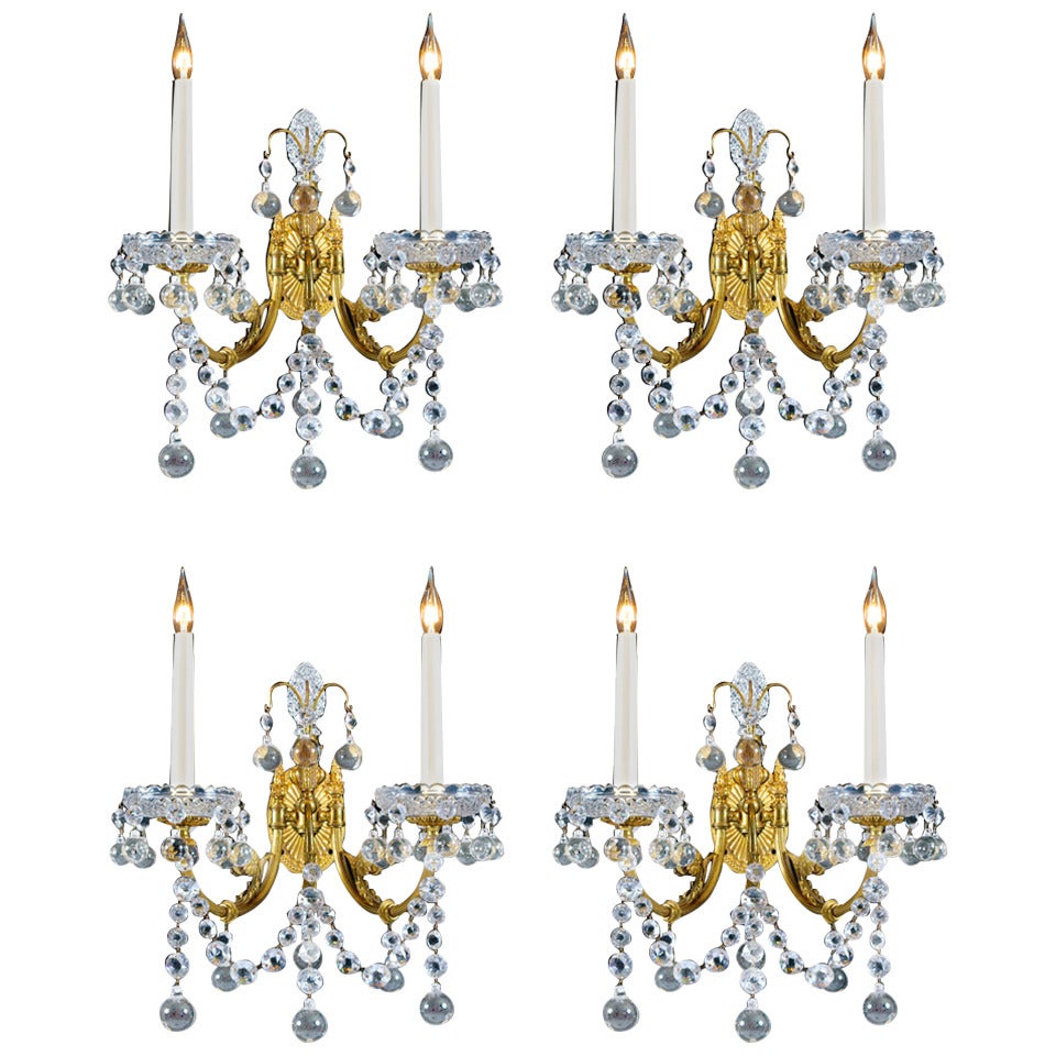 Set of Four Cut-Glass and Brass Lacquered Wall Lights by Perry & Co.