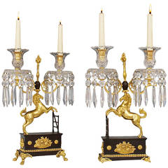 Unusual Pair of Regency Ormolu and Bronzed Cut-Glass Horse Candelabra