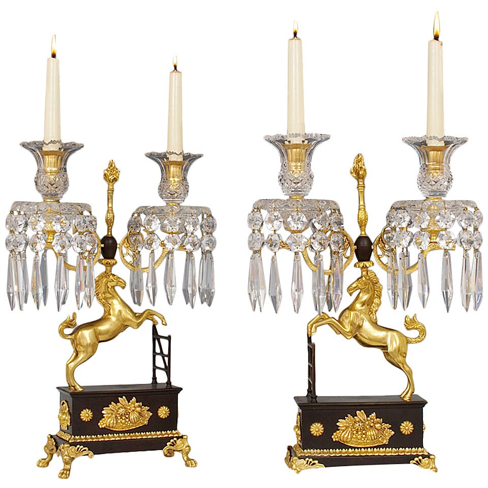 Unusual Pair of Regency Ormolu and Bronzed Cut-Glass Horse Candelabra For Sale