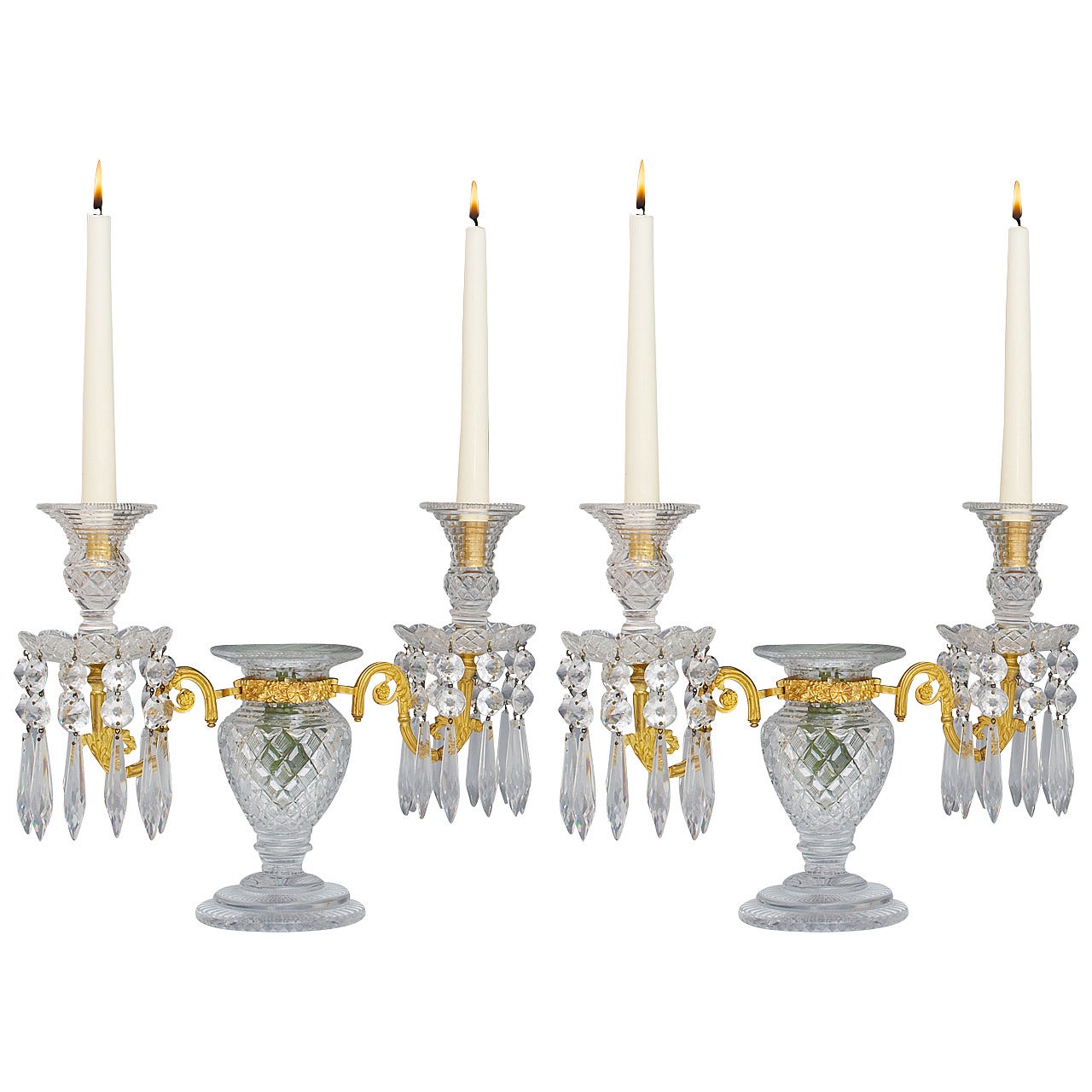 Unusual Pair of Regency Ormolu-Mounted Cut-Glass Vase Candelabra For Sale