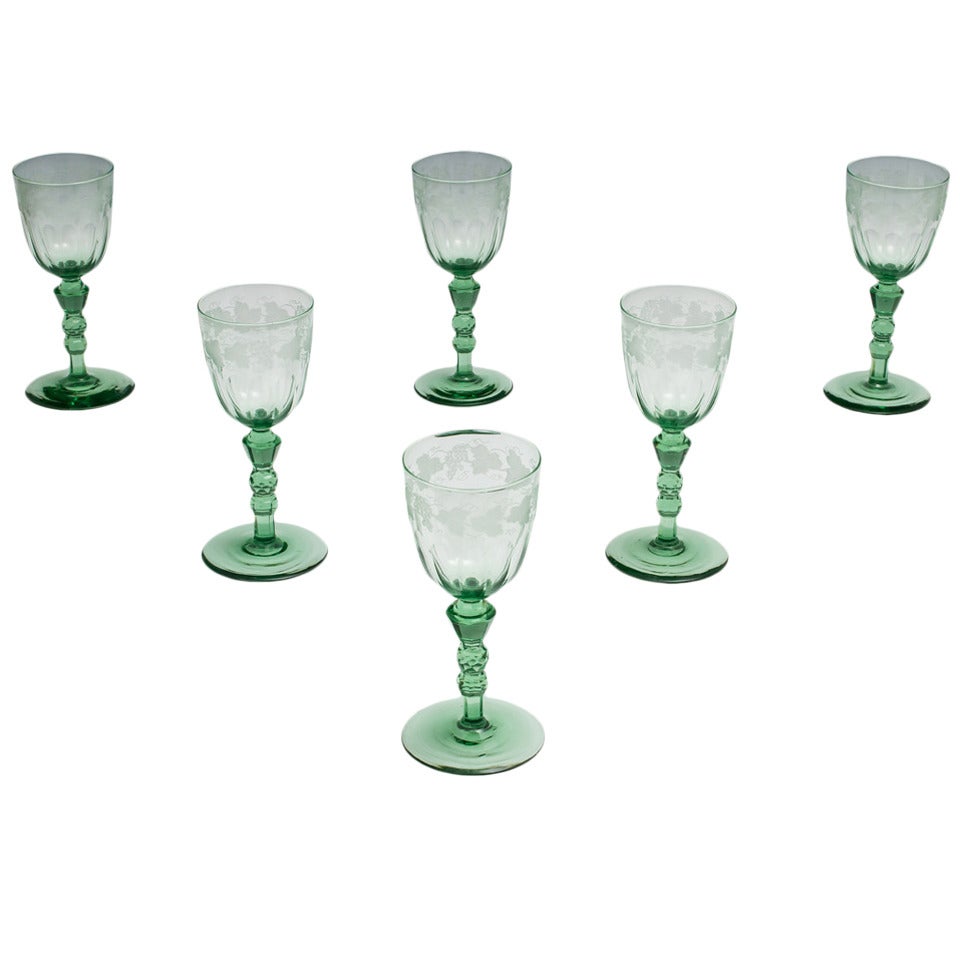 Set of Six Early Victorian Cut and Engraved Wine Glasses For Sale
