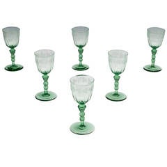 Antique Set of Six Early Victorian Cut and Engraved Wine Glasses