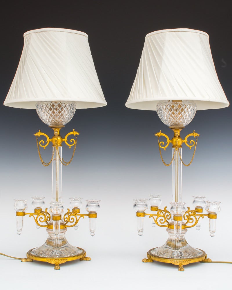 Unusual Pair of Ormolu-Mounted Cut-Glass Lamps by F. & C. Osler