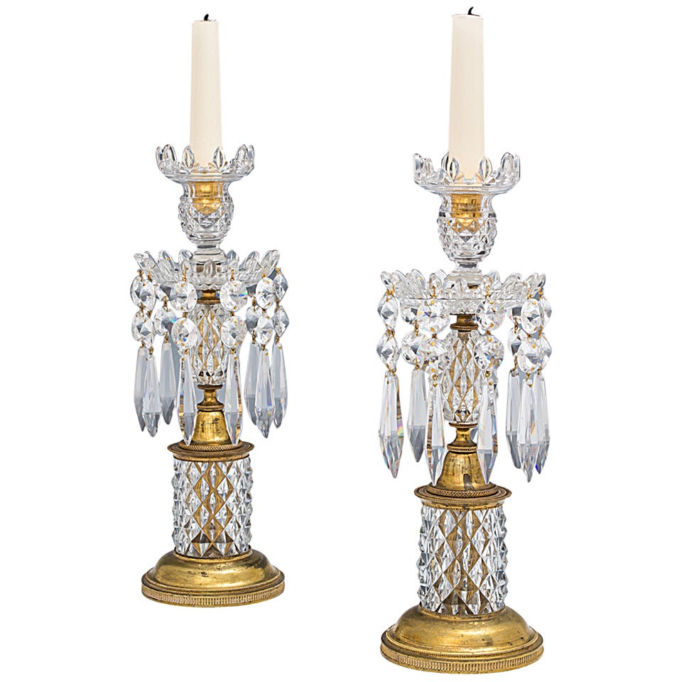 Pair of Regency Cut-Glass Drum Base Candlesticks For Sale