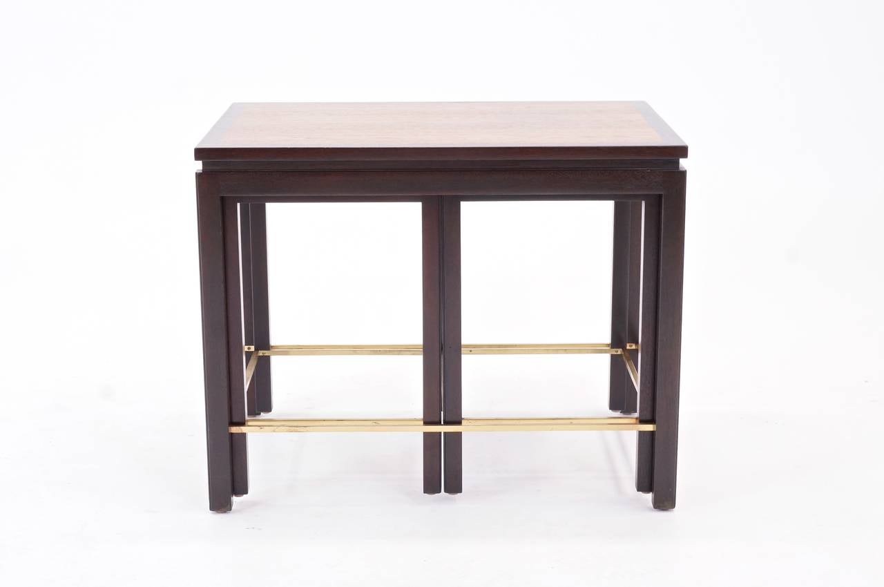 Beautiful set of Edward Wormley for Dunbar nesting tables. Signed with big brass D.
Largest table measurements are below.
Smaller pair of tables:
 -Depth, 13 inches.
 -Width, 17.5 inches.
 -Height, 20.75 inches.
