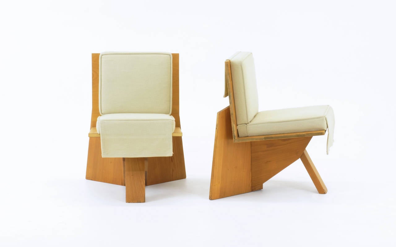 Original pair of Frank Lloyd Wright lounge chairs from the Clarence Sondern House, Kansas City, MO. USA, circa 1938. Cypress plywood, upholstery.

Provenance: Clarence Sondern House, Kansas City, MO | Thomas S. Monaghan The Domino's Pizza