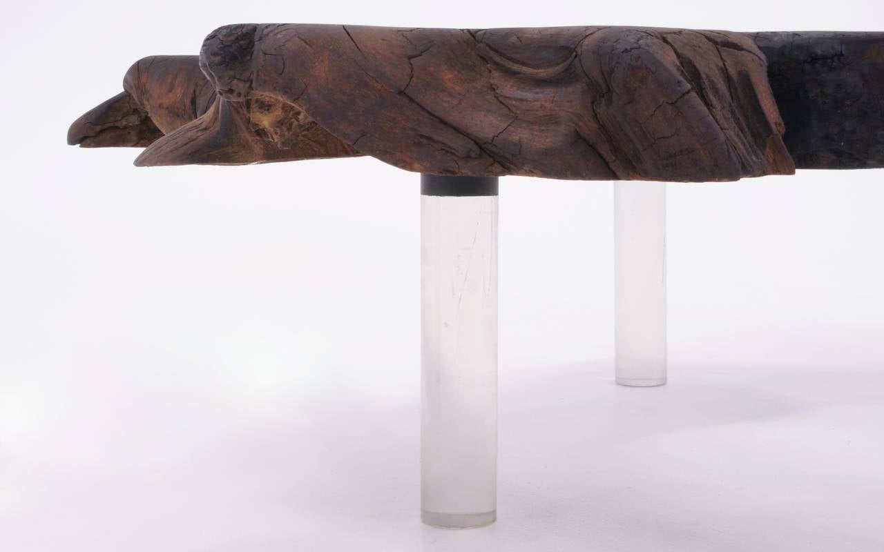 Mid-20th Century Walnut Slab Coffee Table, Biomorphic Shape with Lucite Legs