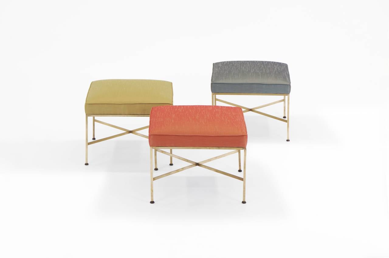 Paul McCobb stools for Calvin. Frame and cross stretchers of solid brass tubing. Reupholstered in the same colors as the originals. A stunning set.  Price reduced from $7500 to $5500!