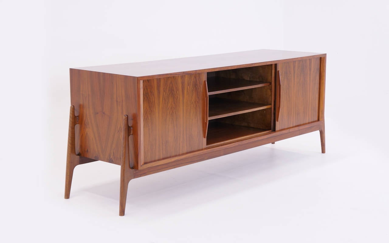 Mid-Century Modern Rosewood Credenza with Tambour Doors Attributed to Finn Juhl.  Very Large.