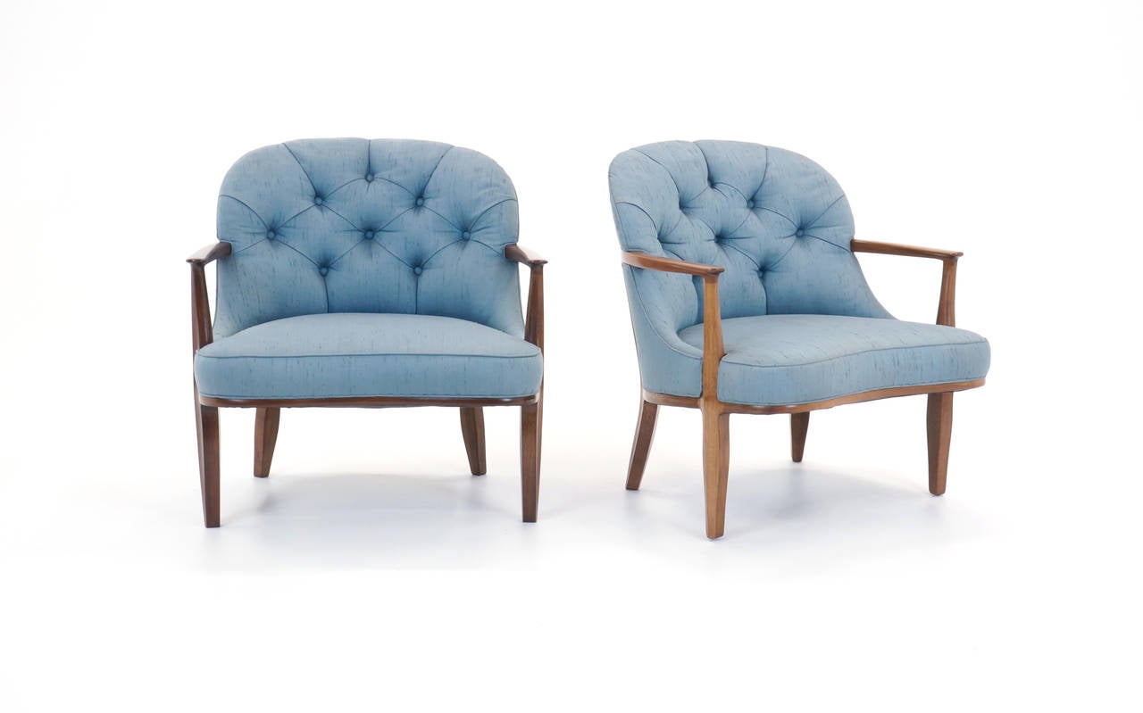All original Janus chairs designed by Edward Wormley for Dunbar.  The original silk fabric is virtually unused, however, the original foam has hardened to a degree and may need to be replaced.  The African mahogany frames are in very good condition.