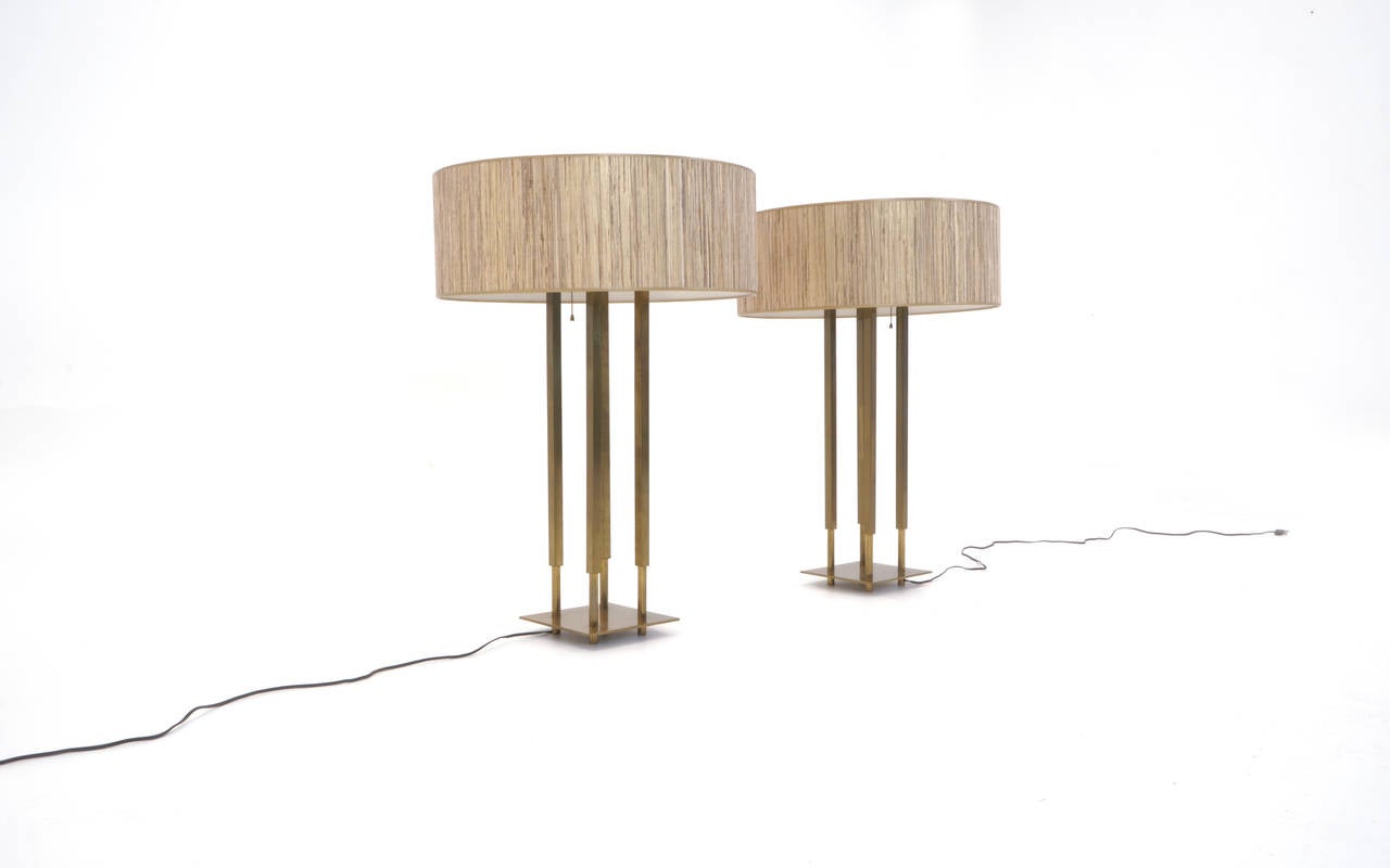 Outstanding pair of brass Stiffel table lamps. Simple, elegant, modern, beautifully patinated bases, custom shades that are perfect.