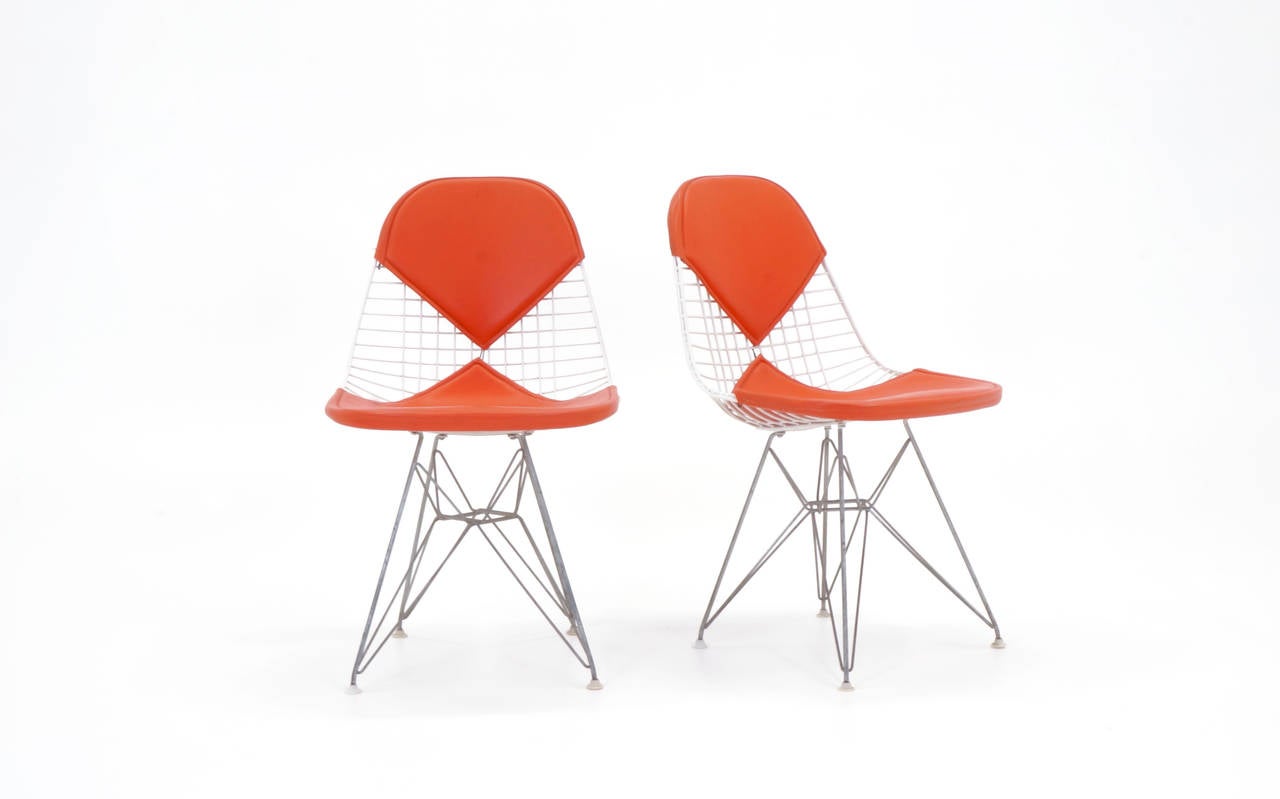 Mid-Century Modern Four Eames Herman Miller DKR Wire Chairs on Eiffel Bases & Orange Girard Vinyl