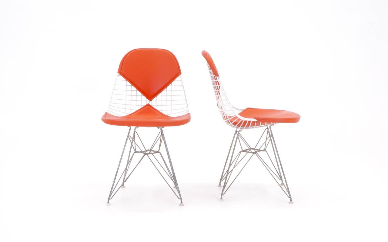 American Four Eames Herman Miller DKR Wire Chairs on Eiffel Bases & Orange Girard Vinyl