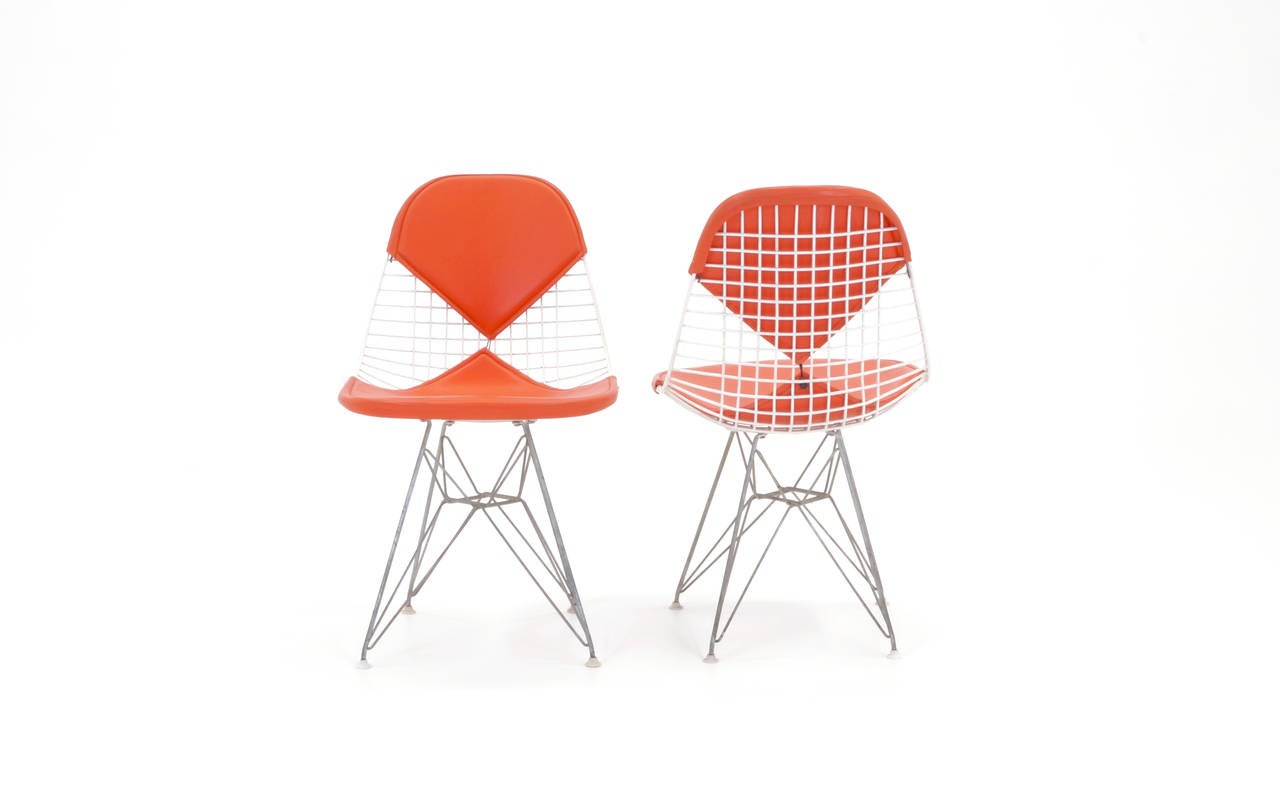 Lacquered Four Eames Herman Miller DKR Wire Chairs on Eiffel Bases & Orange Girard Vinyl