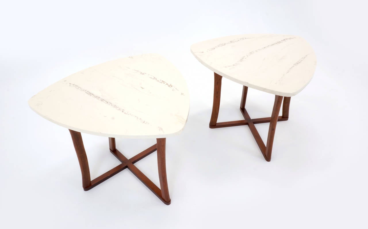 Great pair of Adrian Pearsall end tables. Sculptural walnut bases and original triangular resin, faux marble, tops.
Width/depth 27