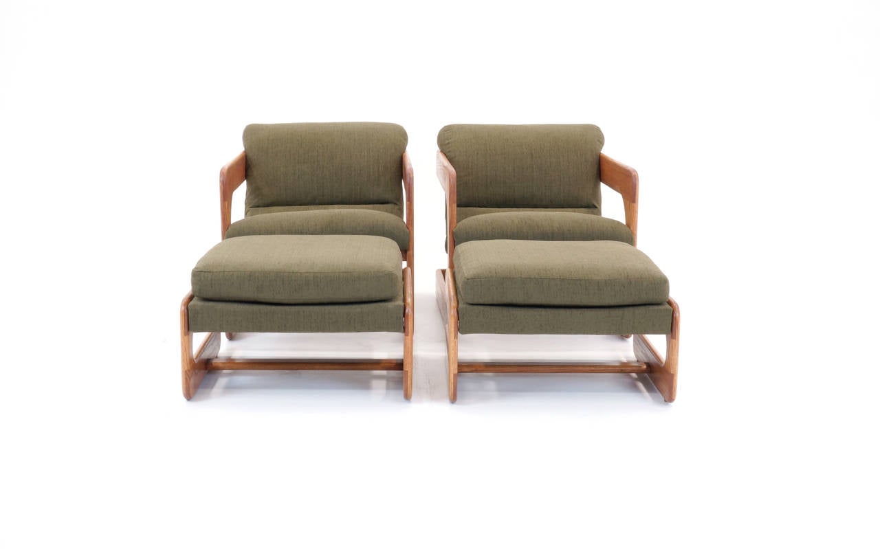 American Pair of Lou Hodges Cantilever Lounge Chairs with Ottomans