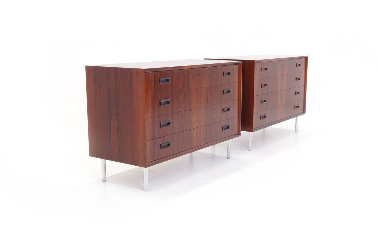 Brazilian rosewood, Arne Vodders designed complimenting pair of storage cabinets. These could be used as large night stands, dressers, or general storage cabinets. Stunning matched grain.