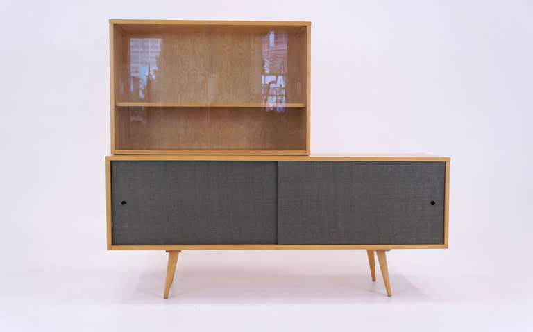 Paul McCobb Planner Group Credenza and China top for Winchendon.  All original including the grass cloth sliding doors.  Top has sliding glass.  Measurements for the credenza are below.  The Top measures 36