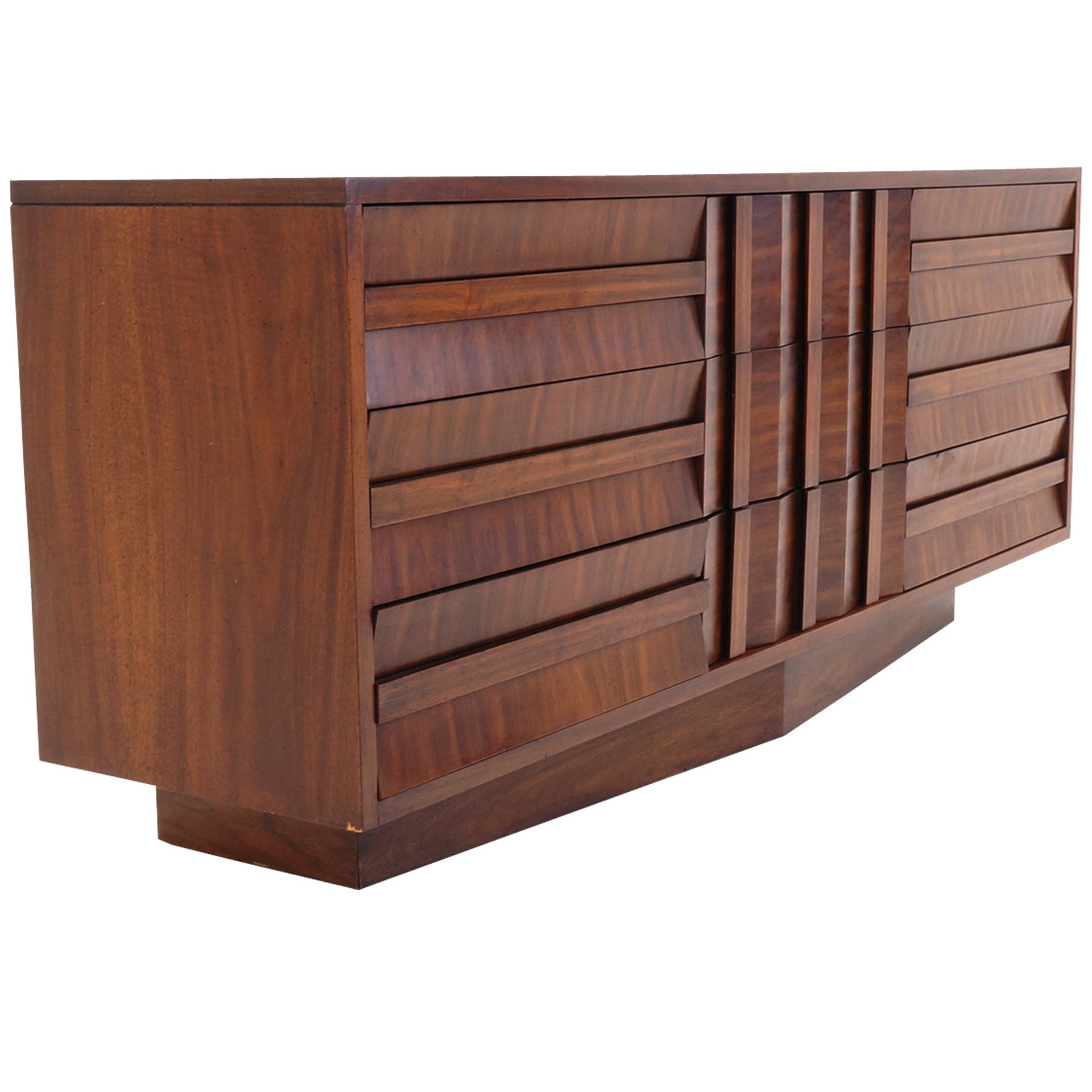 Lane Sculptural/Brutalist Nine-Drawer Walnut Dresser