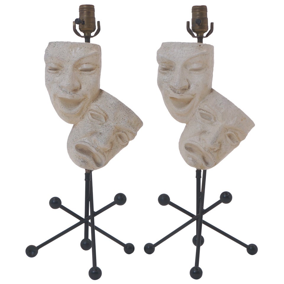 Pair of Frederic Weinberg Comedy and Tragedy Table Lamps For Sale