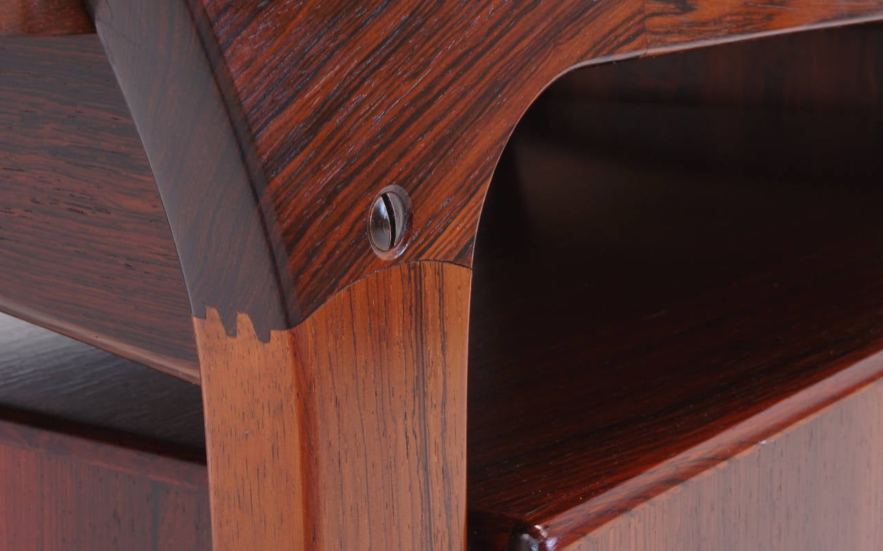 Danish Rosewood Bar Cart by Arne Vodder. Leather expandable drop leaf top. 4