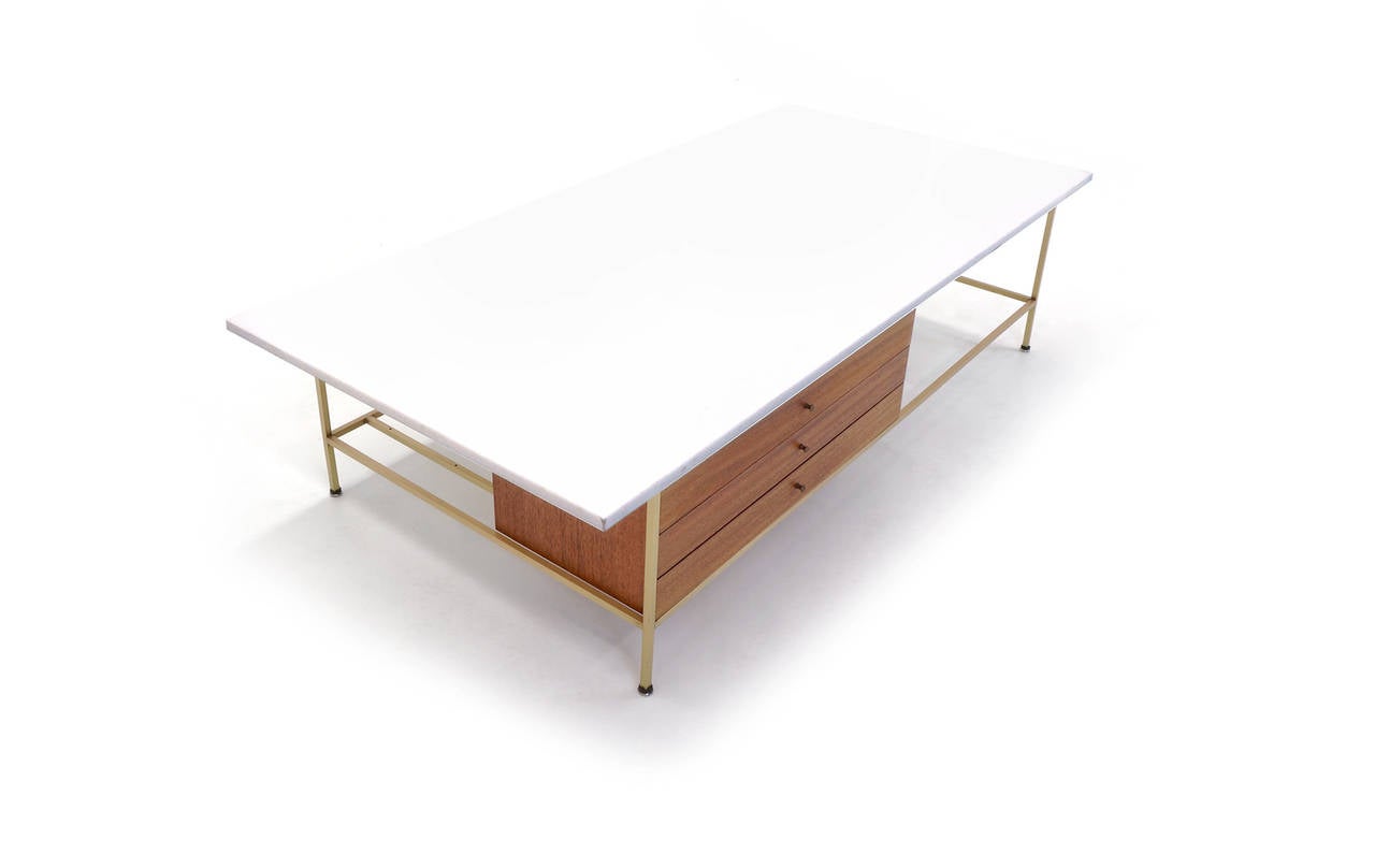 Paul McCobb Large Coffee Table, Brass Frame, Vitrolite Top In Excellent Condition In Kansas City, MO