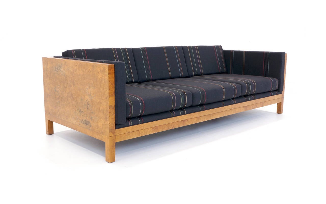 Exceptional Milo Baughman Burled wood frame case sofa expertly reupholstered in Paul Smith designed fabric for Maharam.  Very comfortable with a clean tailored look.  Please inquire with any questions.