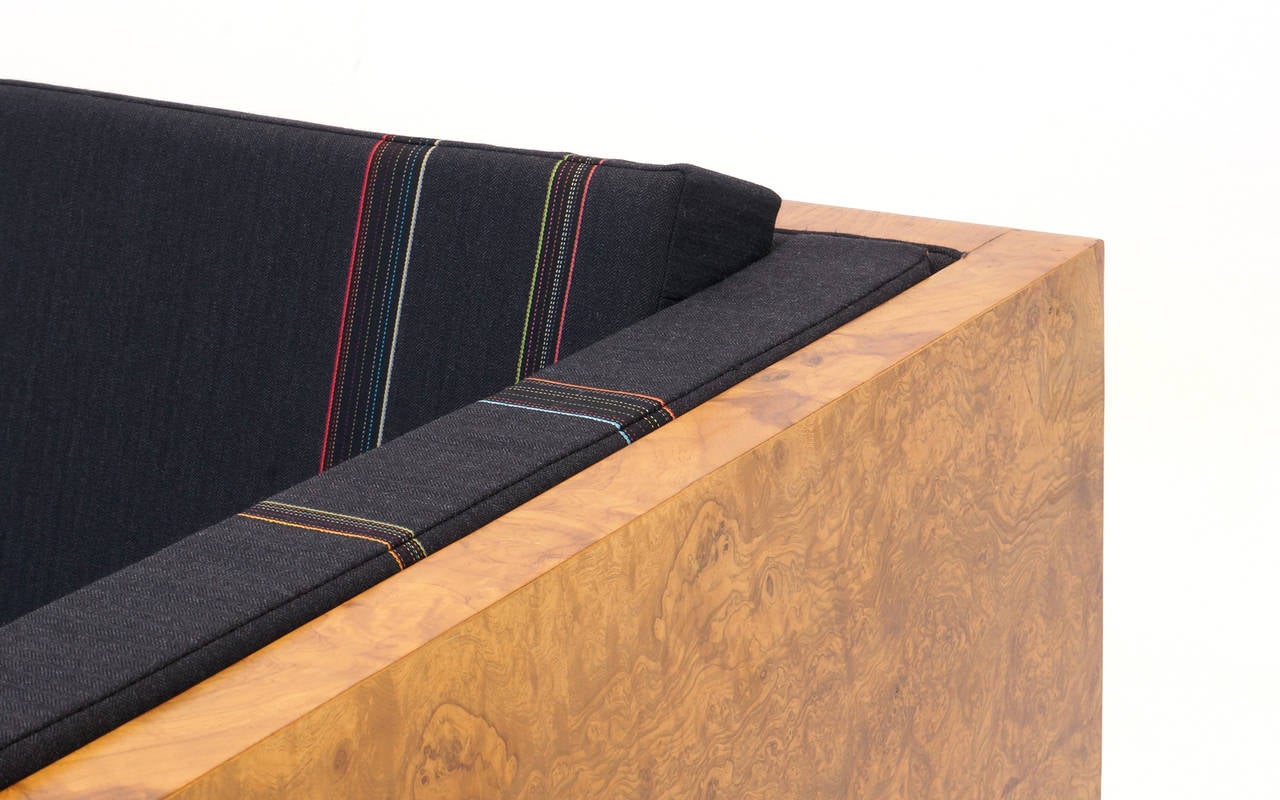 American Milo Baughman Burl Wood Case Sofa Reupholstered in Paul Smith Fabric for Maharam